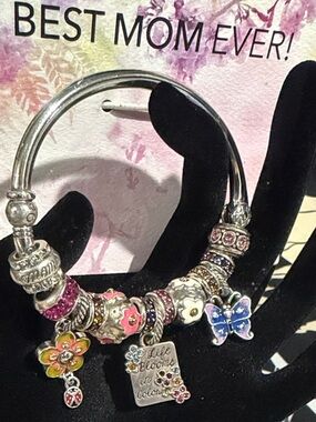 🦋🌺BRIGHTON MOTHERS DAY Silver Plated VTG Hinge Charm Bracelet!🦋Butterfly🌸Flower